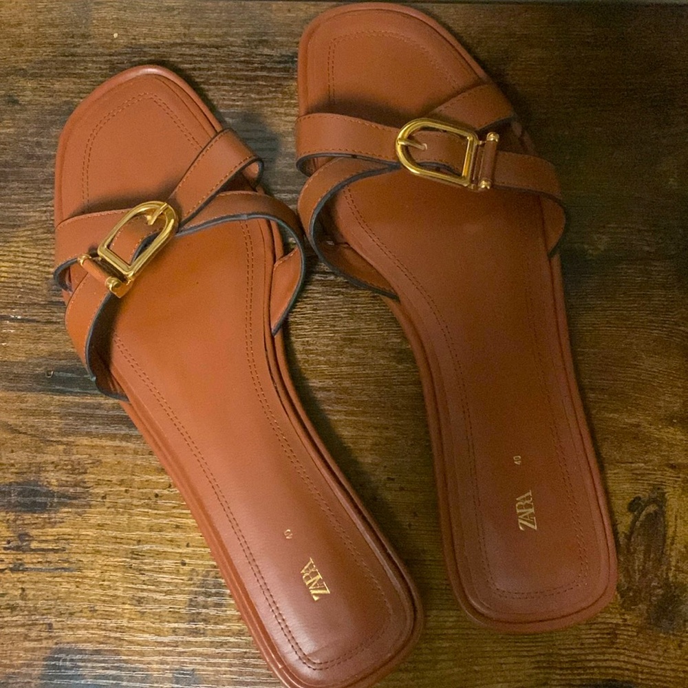Zara Brown Leather Slides